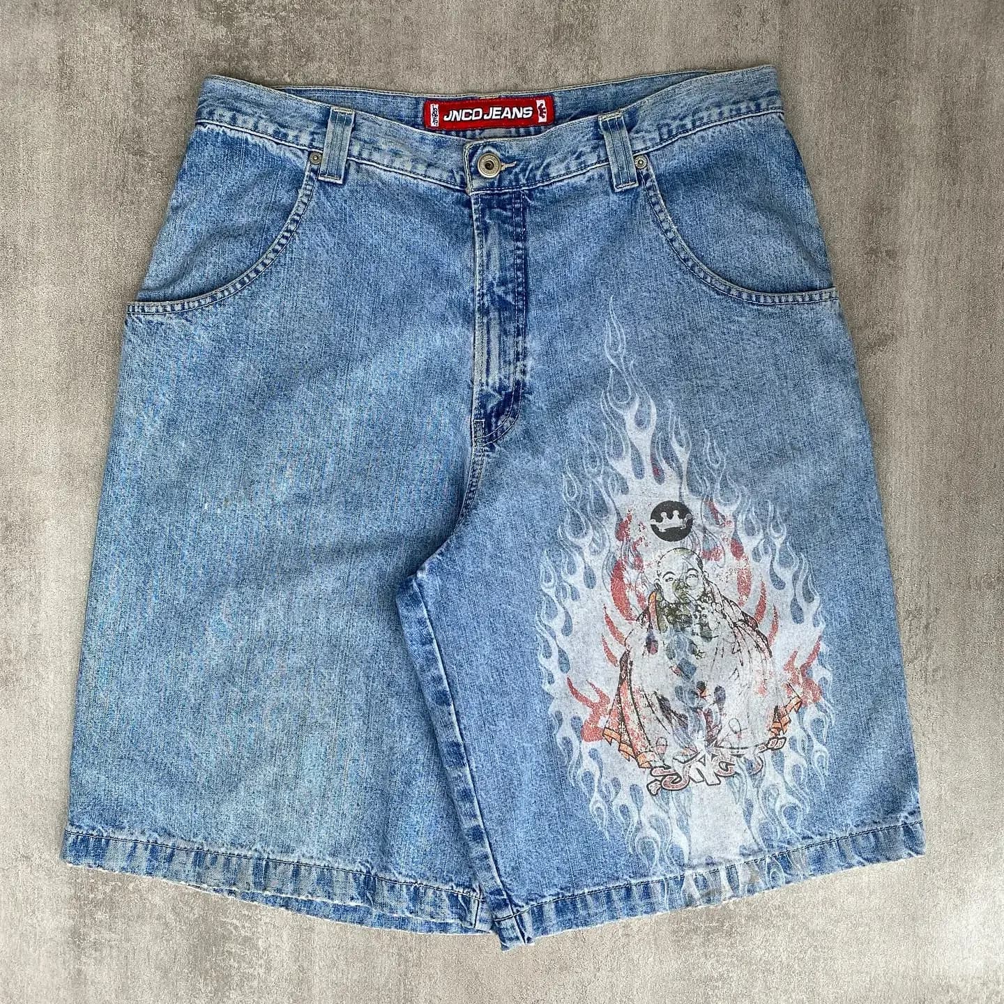 RARE JNCO FLAMMING BUDDHA JORTS JEANS