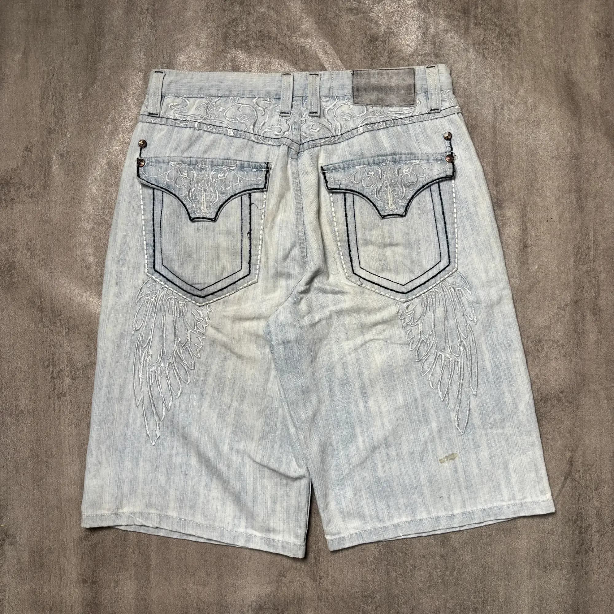 Y2K DELF WINGS EMBROIDERY ART JORTS LIGHT BLUE